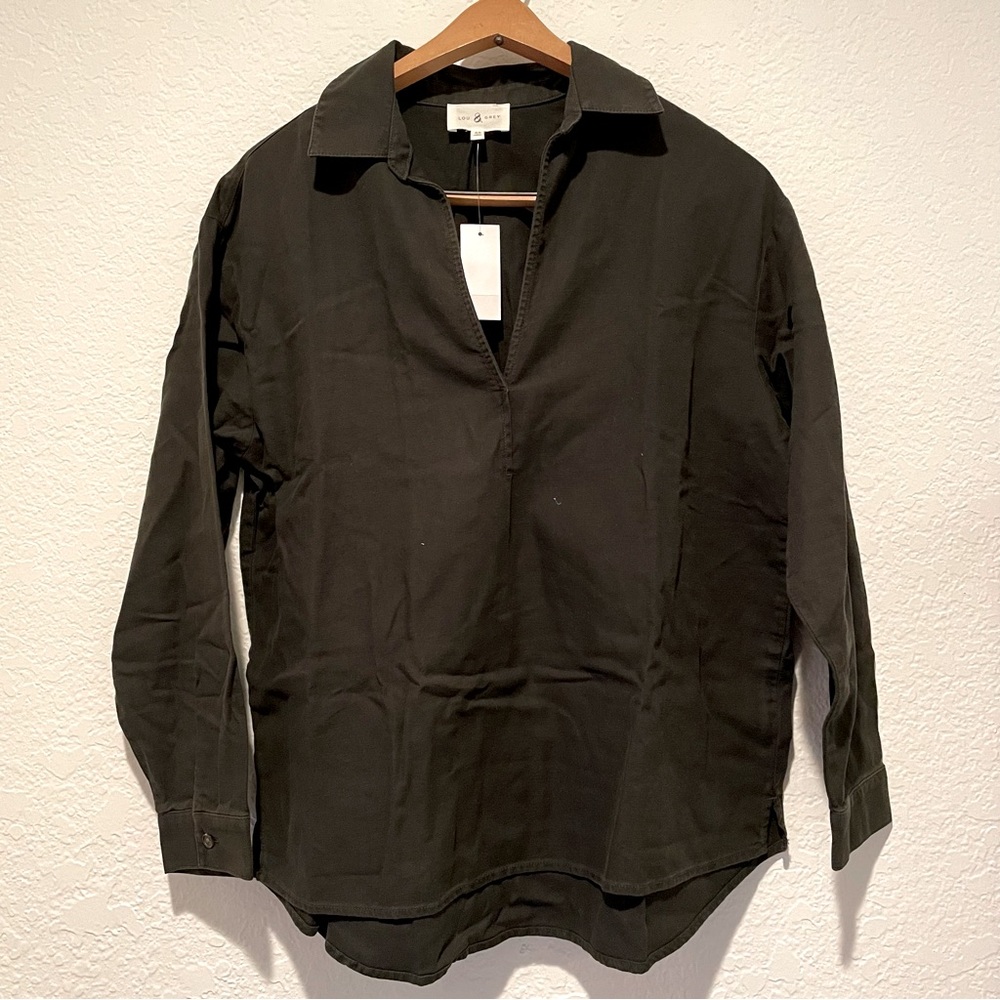 Lou & Grey V-Neck Collared Oversized Long Sleeve Shirt